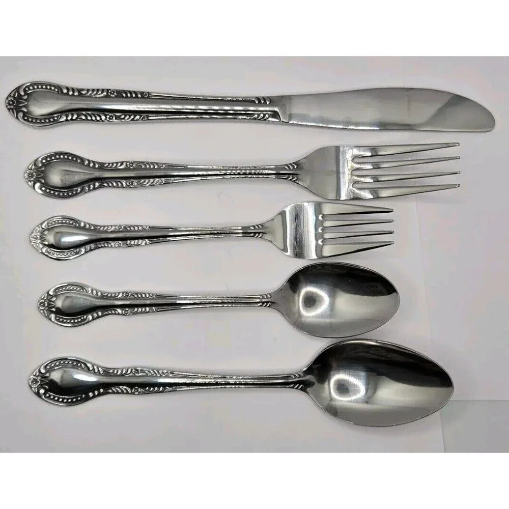 Vintage Stainless Flatware Spoon Knife Fork Columbia Japan Beaded Edge Set of 4